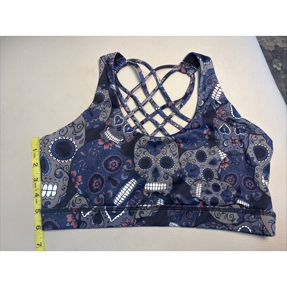 Constantly Varied Gear CVG Butterfly Back Bra Size L Midnight Skullls EUC